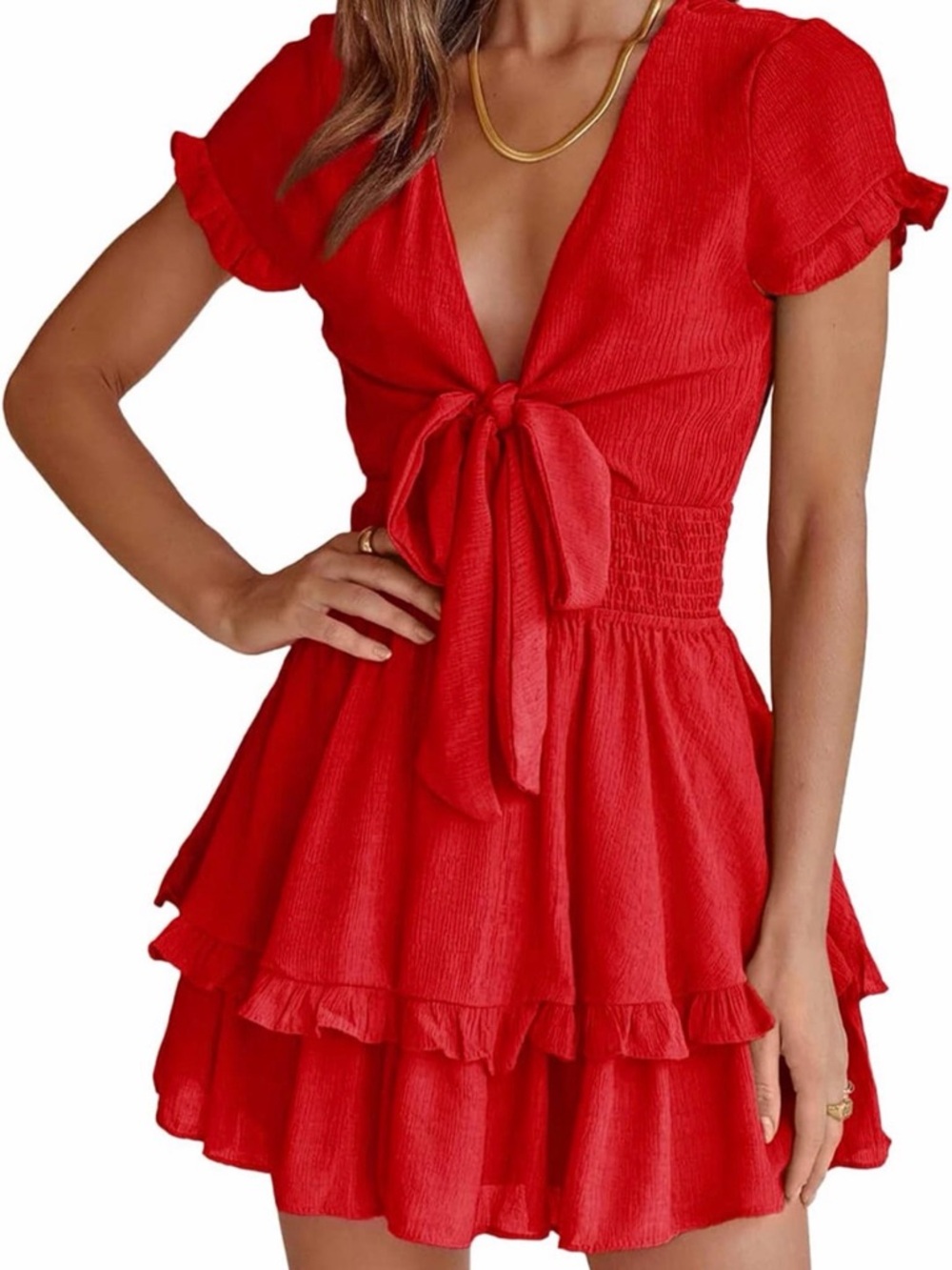 Women’s Red Tie-Front Mini Dress with Ruffle Skirt